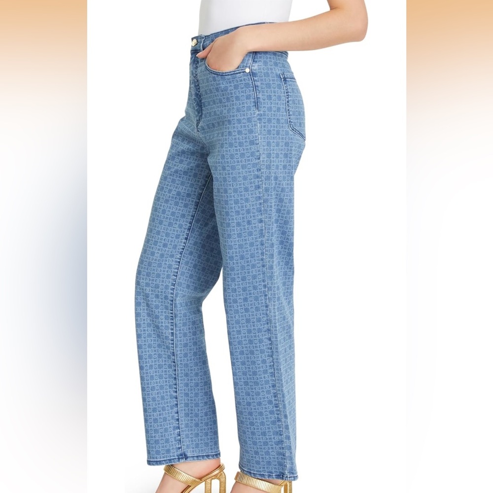 Women's Straight Leg Jeans in Light Blue with Geometric Print